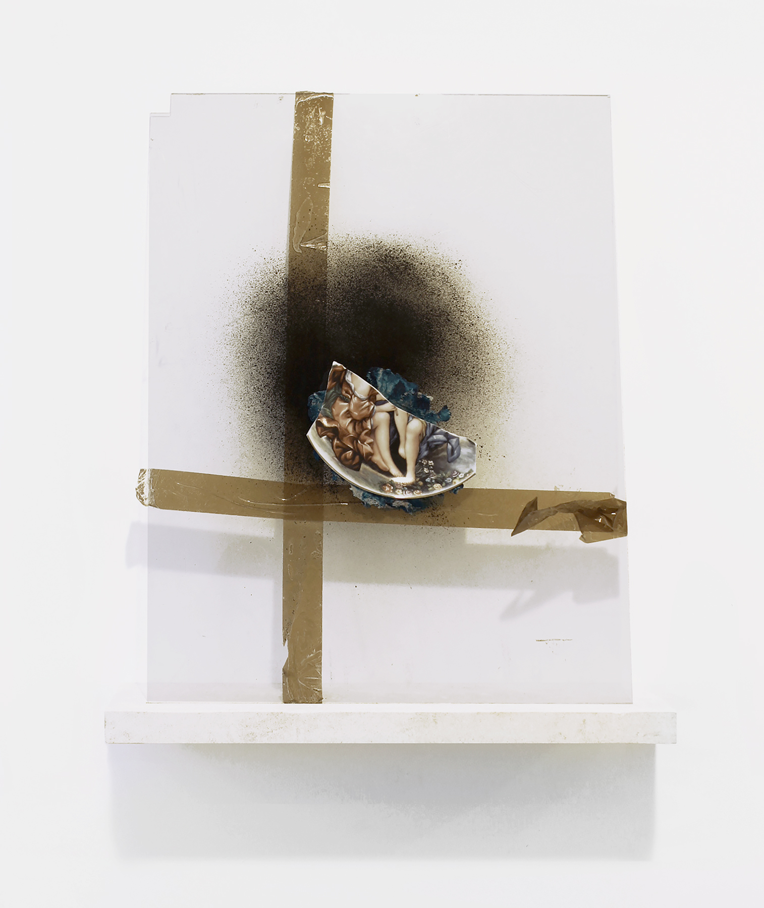 Pooneh Maghazehe
                                    'Batool’s Half', 2014
                                    31 x 26 Inches
                                    plexiglass, sourced plate, plaster, tape,
                                    spray paint, acrylic, limestone
                                    
