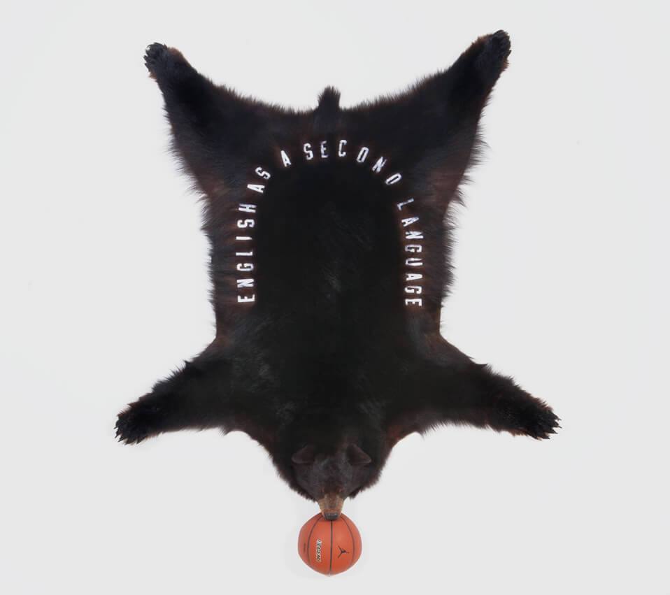 Livia Corona Benjamin
                                        'English as a Second Language legend', 2015
                                         89 x 66 x 6 Inches
                                         tackle twill letters, bear skin rug, basketball
                                        